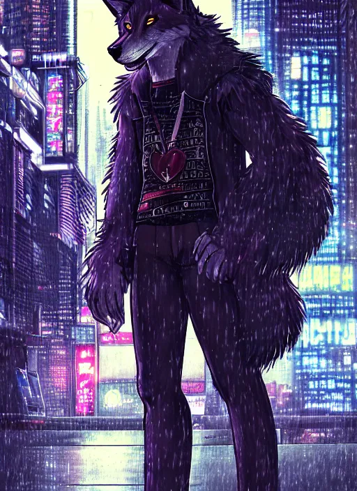 Image similar to character portrait of a male anthro wolf fursona with a tail and a cute beautiful attractive furry face wearing stylish cyberpunk clothes in a cyberpunk city at night while it rains. hidari, color page, tankoban, 4K, tone mapping, Akihiko Yoshida.