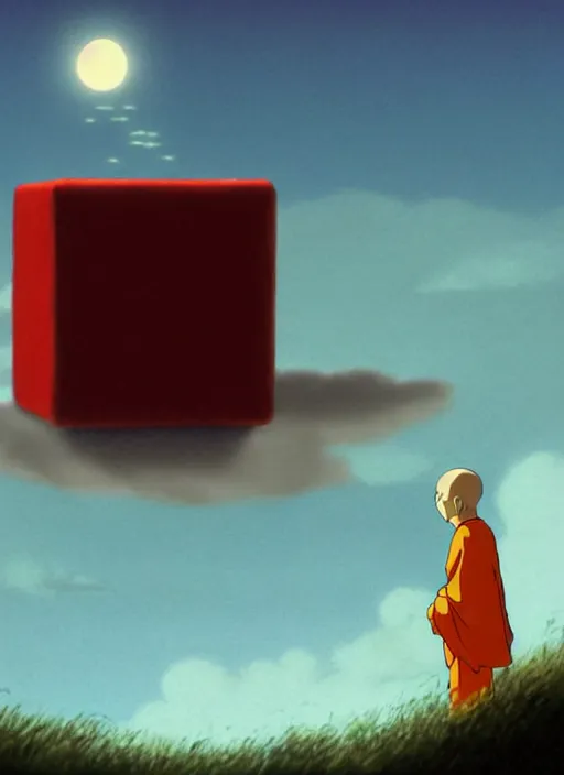 Prompt: a realistic cell - shaded studio ghibli concept art from paprika ( 2 0 0 6 ) of a floating cube from close encounters of the third kind ( 1 9 7 7 ) and a monk meditating on top of a pillar on a misty starry night. very dull colors, hd, 4 k, hq