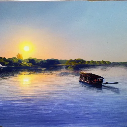 Prompt: 1 9 th century river boat in the deep south, evening sun, intense lighting, hyper realistic, gouache