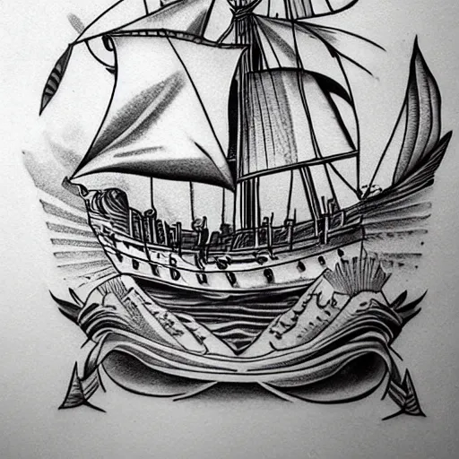 Image similar to realism tattoo print of a pirate ship, by Matteo Pasqualin tattoo artist, on white paper