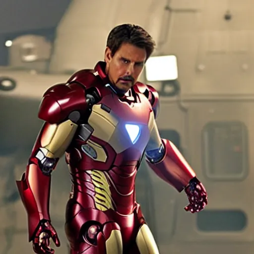 Prompt: promotional image of Tom Cruise as Iron Man in Iron Man（2008）, he wears Iron Man armor without his face, movie still frame, promotional image, imax 70 mm footage