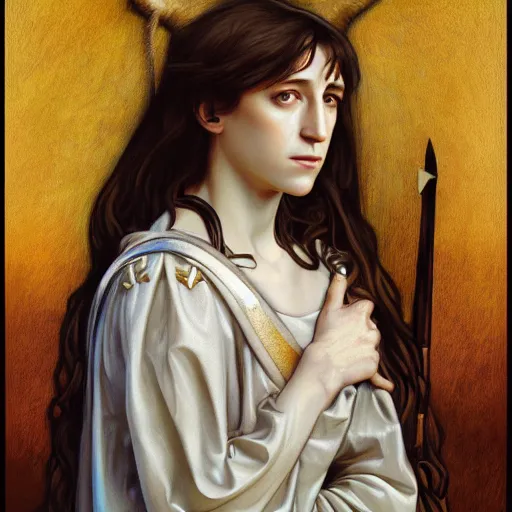 Image similar to portrait of charlotte gainsbourg as joan of arc, hyperreal digital painting, iconography influenced by alphonse mucha and eugene delacroix, arstation and deviantart trends, high resolution 8 k