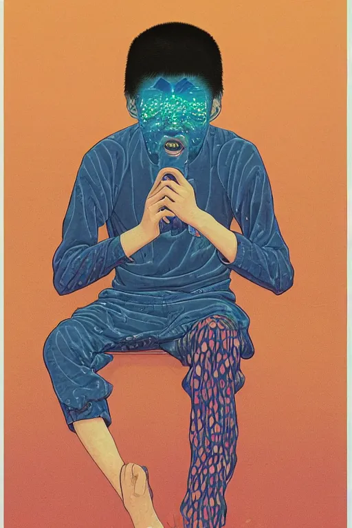 Image similar to a scifi closeup portrait of a young chinese man licking a blotter paper of LSD acid on his tongue and dreaming psychedelic hallucinations in cosmos, by kawase hasui, moebius, Edward Hopper and James Gilleard, Zdzislaw Beksinski, Steven Outram colorful flat surreal design, hd, 8k, artstation