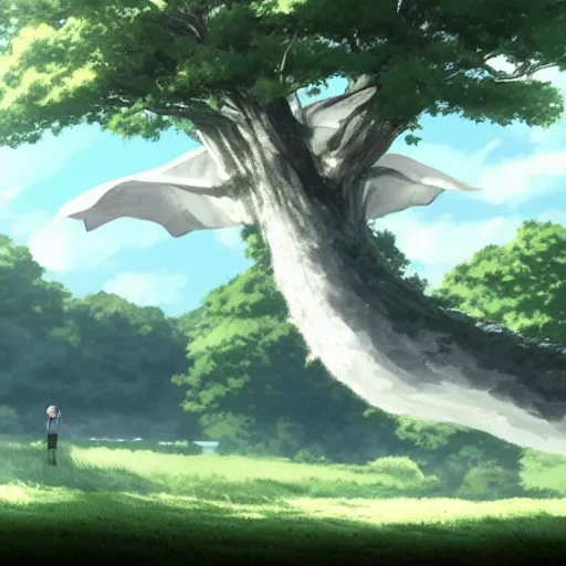 Image similar to big white whale flying near giant tree in the green field, anime, HD,