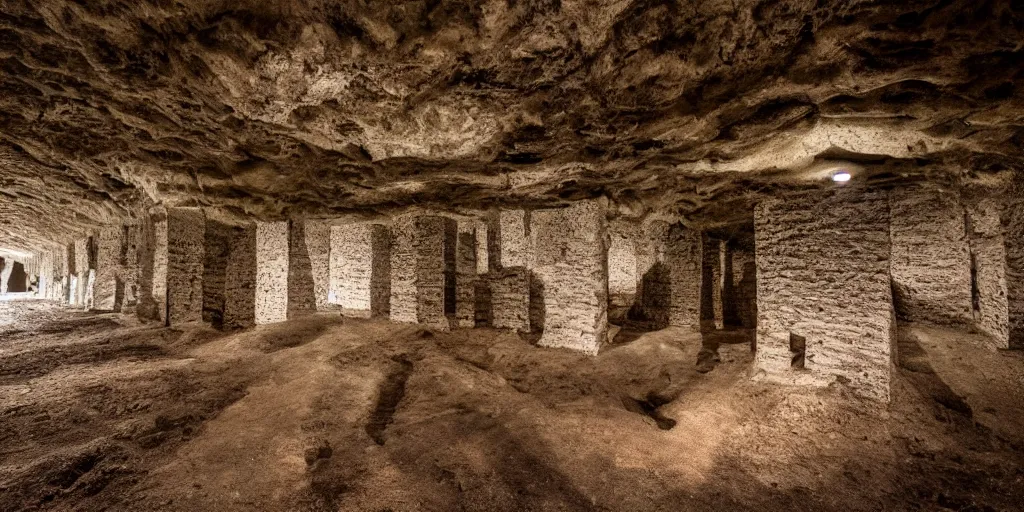 Prompt: playing amongst the catacombs, landscape wide angle cinematic