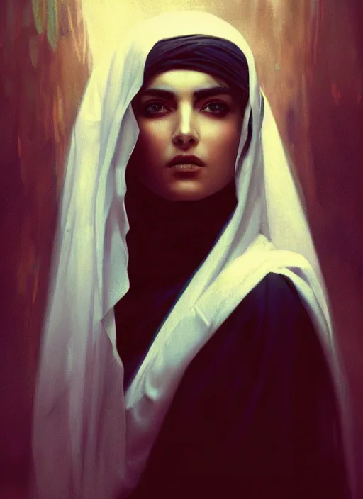 Image similar to a Photorealistic dramatic hyperrealistic render of an arab ameera al taweel, blue eyes, black hair, white veil,by WLOP,Artgerm,Greg Rutkowski,Alphonse Mucha, Beautiful dynamic dramatic dark moody lighting,shadows,cinematic atmosphere,Artstation,concept design art,Octane render,8K