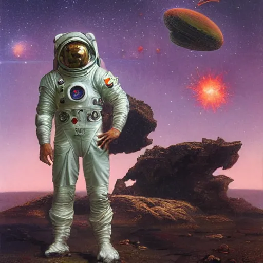 Prompt: photoreal full body of a hulking chinese man in scifi space suit on a rocky planet, nebula milky way background, by norman rockwell and boris vallejo, artstation, concept character art
