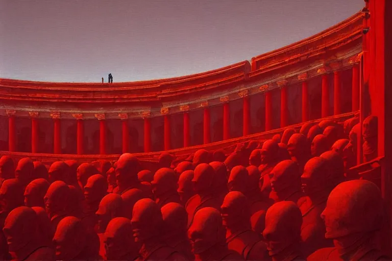 Image similar to only with red, a red great emperor, taormina amphitheatre, expressive crowd hails him, in the style of beksinski, parts by edward hopper, parts by rodcenko, parts by yue minjun, intricate and epic composition, red by caravaggio, insanely quality, highly detailed, masterpiece, red light, artstation, 4 k