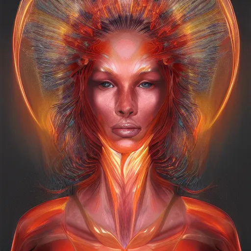 Image similar to A stunning portrait of a flame goddess by Jim Burns, fantasy, Trending on artstation.