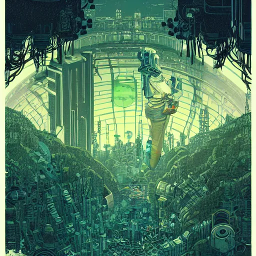 Image similar to Stunningly intricate illustration of a single cyberpunk explorer overlooking a gigantic decaying robot head in a lush forest, highly detailed, midnight, by Victo Ngai and James Gilleard , Moebius, Laurie Greasley