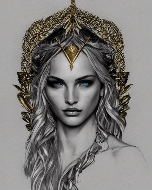 Image similar to tattoo design sketch of cute beautiful blonde super model as aphrodite greek goddess wearing a gold laurel wreath and triangle earrings, beautiful piercing gaze with sharp pupils, in the style of greg rutkowski, fantasy, amazing detail, epic, elegant, smooth, sharp focus, front view