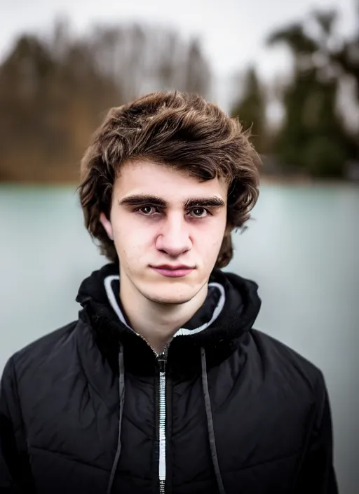 Prompt: a personal close up portrait of a 2 0 year old man from switzerland, his hair is brown and short, his eyes are green, his face is symmetric and unfriendly, he's proud to be where he is in life, black jacket, ambient light, beautiful composition, magazine, full frame, 5 0 mm, f 1. 8