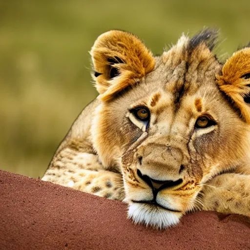 Prompt: A lion cub resting on the savannah, XF IQ4, 150MP, 50mm, F1.4, ISO 200, 1/160s, AWARD WINNING, natural light, Adobe Lightroom, photolab, Affinity Photo, PhotoDirector 365