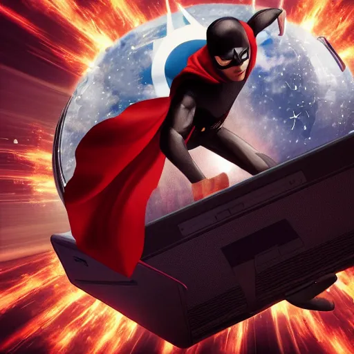 Image similar to developer superhero with laptop flying to save the day, dramatic cinematic