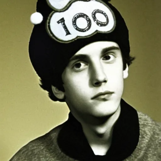 Image similar to a yearbook photo from 1966 of Jughead Jones, wearing a felt crown