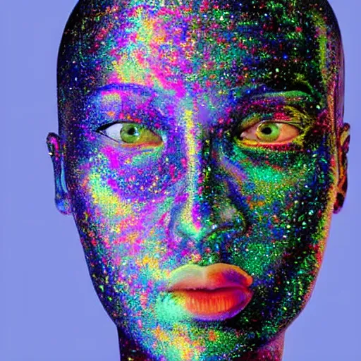 Prompt: a █holographic█ human robotic head made of ███glossy███ ███iridescent███, Face, Palette Knife Painting, Acrylic Paint, Dried Acrylic Paint, Dynamic Palette Knife Oil Paintings, Vibrant Palette Knife Portraits Radiate Raw Emotions, ██Full Of Expressions██, Palette Knife Paintings by Francoise Nielly, Beautiful, ███Beautiful Face███, surrealistic 3d illustration of a human face non-binary, non binary model, 3d model human, cryengine, made of holographic texture, holographic material, holographic rainbow, concept of cyborg and artificial intelligence