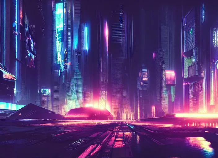 Image similar to cyberpunk scifi scene of a city at night, craft flying, artstation, matt painting, very detailed, maximalism, ambient occlusion, volumetric light, atmospheric haze, unreal engine, hyper realism, realistic shading, cinematic composition, realistic render, octane render, detailed textures, photorealistic, wide shot