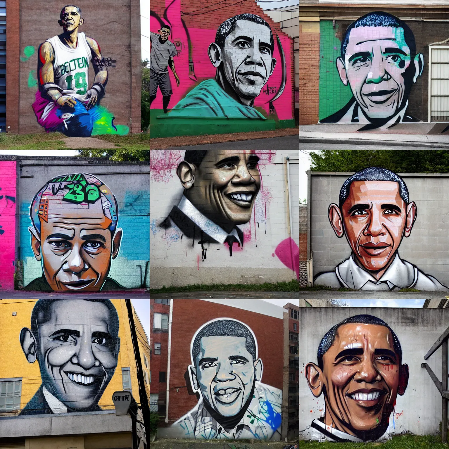 Prompt: Urban Graffiti, Fat Out of Shape Boston Celtics player Barack Obama, by Banksy Okamura and Bordalo, trending on Artstation