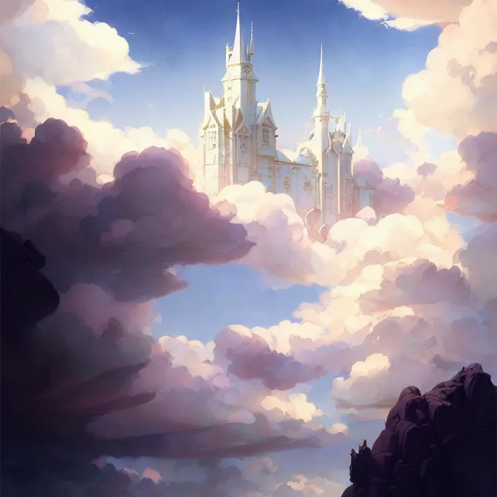 Image similar to style artgerm, joshua middleton, jeremy lipking, soft castle in the sky white with gold, majestic spires, clouds swirling, detailed, sky setting, volumetric lighting