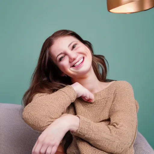 Image similar to Photo of a cute young woman smiling, long shiny bronze brown hair, full round face, emerald green eyes, medium skin tone, light cute freckles, smiling softly, wearing casual clothing, relaxing on a modern couch, interior lighting, cozy living room background, medium shot, mid-shot, soft focus, professional photography, Portra 400