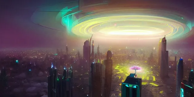 Image similar to a swarm network of glowing futuristic cubes appears in the sky above a cyberpunk dubai city, atmospheric lighting, intricate, volumetric lighting, beautiful, sharp focus, ultra detailed, in the art style of marc simonetti, bowater charlie and brom gerald, astrophotography