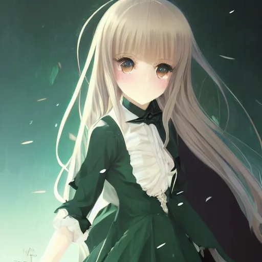 Prompt: victorique de blois anime girl gosick super detailed green eyes green eyes green eyes green eyes black dress black dress black dress black dress blonde hair by greg rutkowski makoto shinkai aramaki shinji artgerm, cushart krenz key art feminine award winning cute sparkling eyes smile