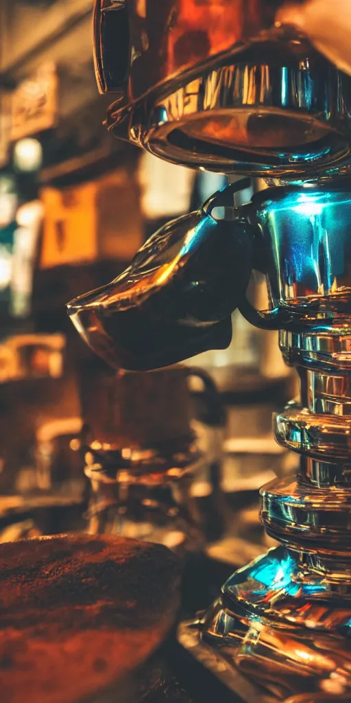 Image similar to metal mug, filled with steaming hot coffee, standing on a table. future. japan. cyberpunk style. closeup. colorful.