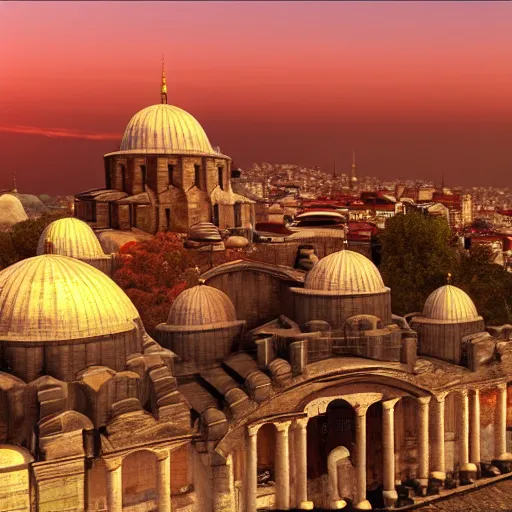 Image similar to highly detailed landscape of istanbul at sunset, unreal engine, global illumination, god rays, detailed and intricate environment