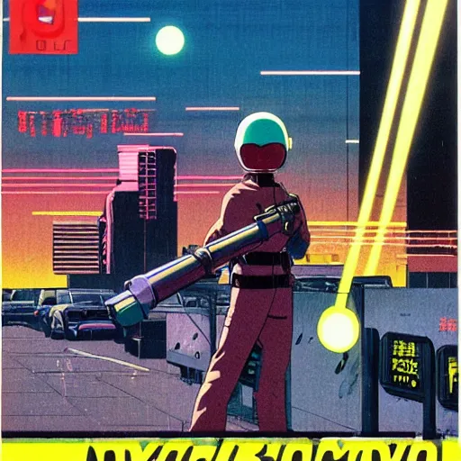 Image similar to 1979 OMNI Magazine Cover Illustration of neo-Tokyo bank robbery movie, Bank Robbery, Anime, Highly Detailed, Special Forces Security, Searchlights, Boat Dock, Special Agent, Water, Akira Color Palette, Inspired by Akira + MGS2 + FLCL, 8k :4 by Vincent Di Fate + Arc System works + Katsuhiro Otomo : 8