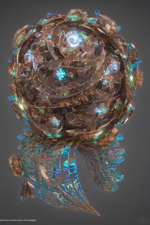 Image similar to a recursive spiral fractal made of scrap metal and glowing sphrerical gemstones and leaves and feathers, 3 d, trending on artstation, octane render, 8 k