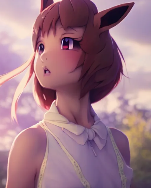 Image similar to photo of eevee pokemon humanisation, in lace brown dress, film still, dslr, by greg rutkowski, ross tran, artgerm, wlop glossy skin, pearlescent, very coherent, cute