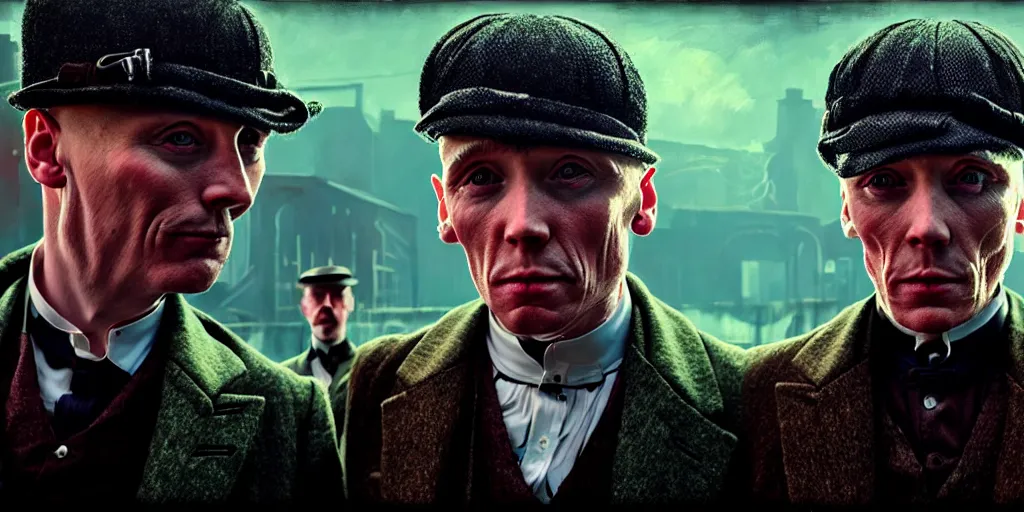 Prompt: Peaky Blinders, in Cyber Punk 2077, in a surreal cyberpunk! style, oil on canvas, 4K highly detailed face