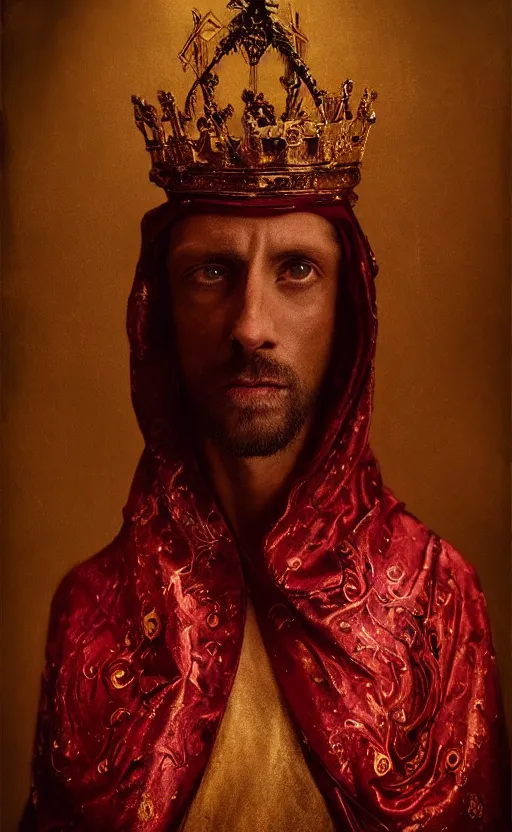 Image similar to 'Portrait of Crowned King Arthur' by Lee Jeffries royally decorated, whirling plasma, atmospheric motes, red and gold Sumptuous garb, gilt silk fabric, radiant colors, fantasy, perfect lighting, studio lit, micro details,