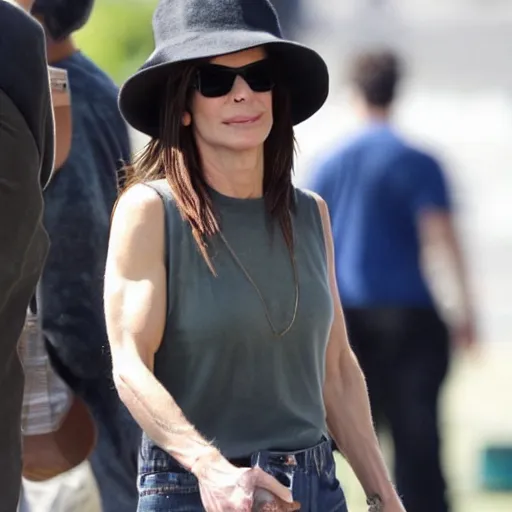 Prompt: sandra bullock wearing a very large silly hat