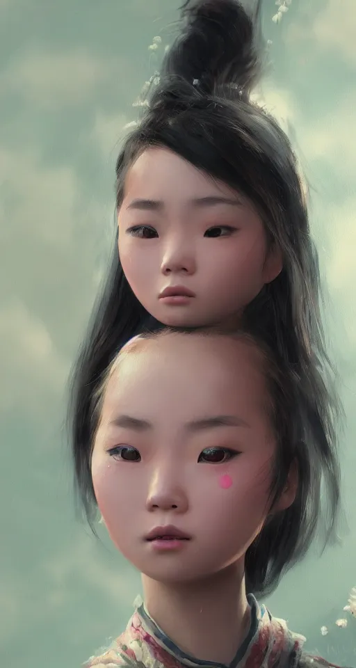 Prompt: a painting of cute Asian girl frowning, in the style of DreamWorks animation, low angle view, 16mm lens, award winning, mid-shot, hyper detailed, dramatic lighting, artstation, octane renderer, unreal engine