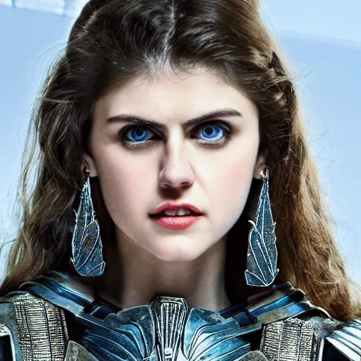 Prompt: full shot photo of alexandra daddario as a warrior with sapphire encrusted armour