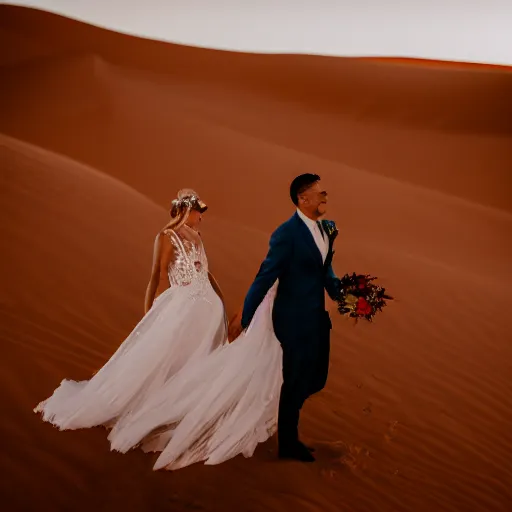 Prompt: bride and groom in the middle of the sahara desert, canon eos r 3, iso 2 0 0, 1 / 1 6 0 s, 8 k, raw, unedited, symmetrical balance, in - frame