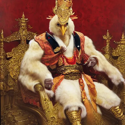 Image similar to portrait of the emperor of japan dressed as a chicken, sitting on his throne at his palace, highly detailed painting by gaston bussiere, craig mullins, j. c. leyendecker 8 k