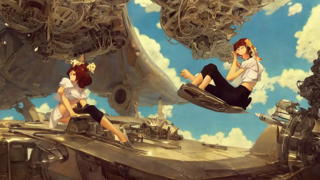 Image similar to a film still of a 1 9 5 0's mechanic anime girl sitting on top of flying ufo landing in hangar of giant ufo spaceship, sharp face focus, finely detailed features, full body mid shot, perfect art, trending on pixiv fanbox, painted by gaston bussiere, makoto shinkai, akihiko yoshida, gaston bussiere, craig mullins