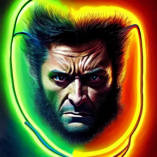 Image similar to wolverine starring into the camera, fixed eyes, flowing black coat with glowing neon yellow, colorful, surreal, dramatic lighting, face, detailed, intricate, elegant, highly detailed, digital painting, artstation, chalk, concept art, smooth, sharp focus, illustration, art by sam spratt, dan mumford, artem demura and alphonse mucha