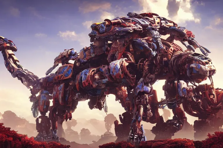 Image similar to thunderjaw machine mecha animal beast robot of horizon forbidden west horizon zero dawn bioluminiscence global illumination ray tracing hdr fanart arstation by sung choi and eric pfeiffer and gabriel garza and casper konefal