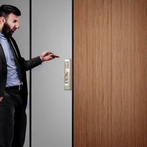 Prompt: a photo of a man opening a door with his mouth, photorealistic, action shot