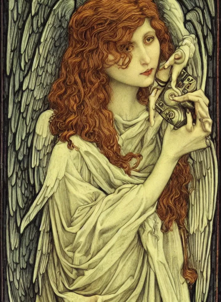 Image similar to detailed realistic beautiful angel holding a television, art nouveau, symbolist, visionary, gothic, pre - raphaelite. horizontal symmetry