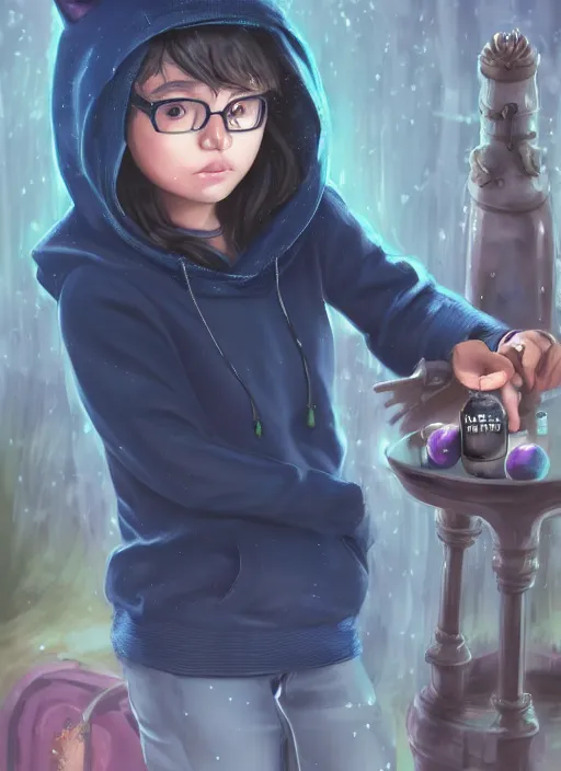 Image similar to A cute twelve years old girl with bob cat length curly dark blue hair with a thoughtful expression wearing a black hoodie with white eyes ornament and grunge jeans, she is in the potions workshop, near the black cauldron, making a potion, blue shiny lighting, beautiful fantasy art by By Artgerm and Hayao Miyazaki, trending on artstation