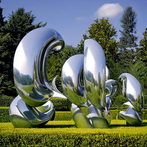 Image similar to giant Italian modern castle formal garden with a modern stainless steel organic shaped modern sculptures with mirror finish by Tony Cragg, photo by Annie Leibovitz