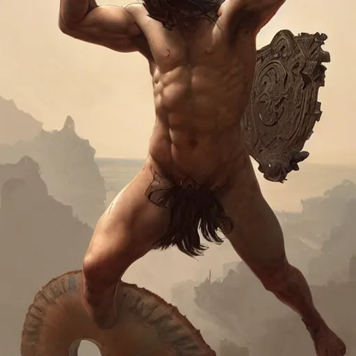 Image similar to ''body portrait of the minotaur, greek mythology, greece, fantasy, dungeons and dragons, d & d, digital painting, artstation, concept art, sharp focus, illustration, art by greg rutkowski and alphonse mucha''