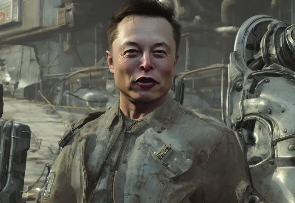 Prompt: elon musk in the video game in fallout 4, apocalyptic wastland, close up, 3 d rendering. unreal engine. amazing likeness. very detailed.