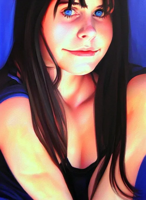 Image similar to portrait of cute 1 8 year old courtney cox as a bit chubby girl, painted by stanley artgerm, sleek curves, sharp focus, trending on artstation hq, deviantart