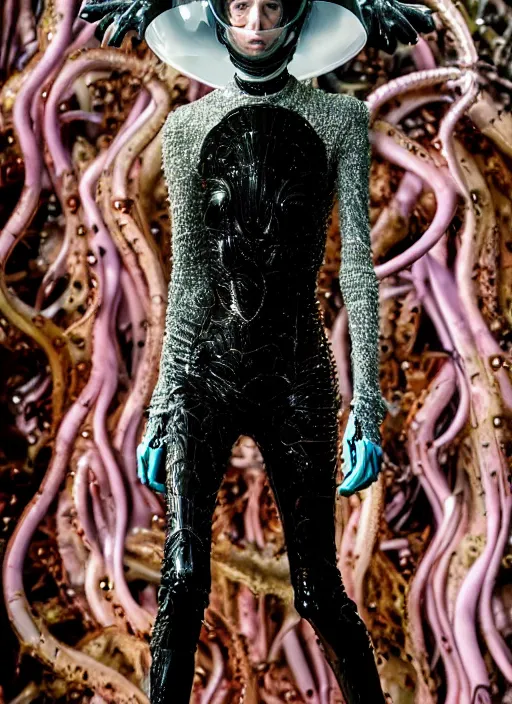 Image similar to walking down the catwalk, steven klein, show, stage, vogue photo, podium, fashion show photo, iris van herpen, beautiful woman, perfect body, full body shot, helmet on face, masterpiece, plant predator, guyver, jellyfish, biomechanical details, movie still, fauvism, cinestill, bokeh, gelios lens