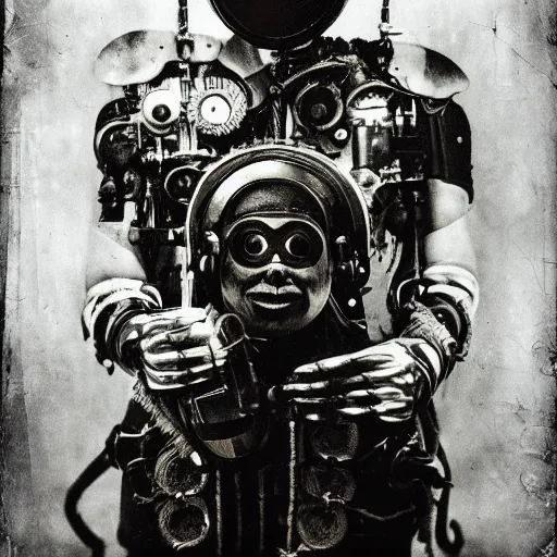 Image similar to tintype photographs of techno shamans, telepaths, dieselpunk cyborgs, masked heroes, irradiated humans, mystic mutates and monster hunters